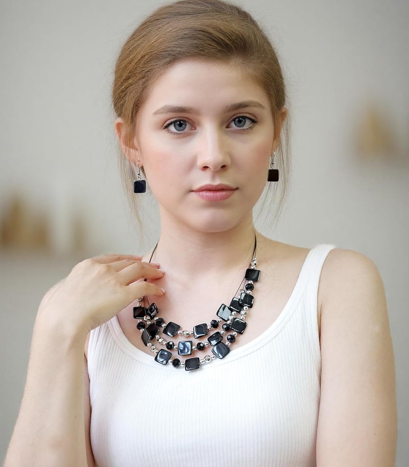 Errally Store Layered Beaded Statement Necklaces for Women Square Shell Bead Collar Necklace and Earring Set Birthday Gifts Boho Jewelry Sets for Women - Image 4